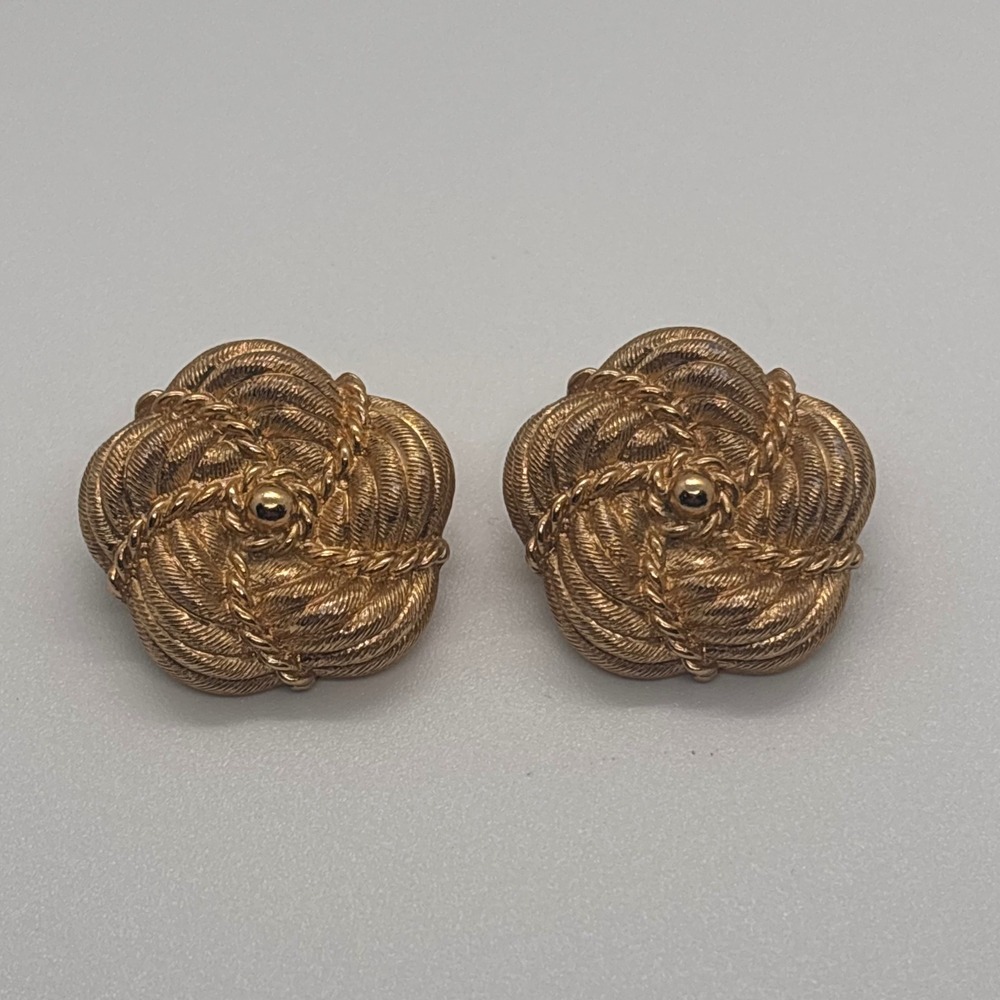 Vintage Monet Earrings Gold Tone Textured Floral Clip On Statement Jewelry